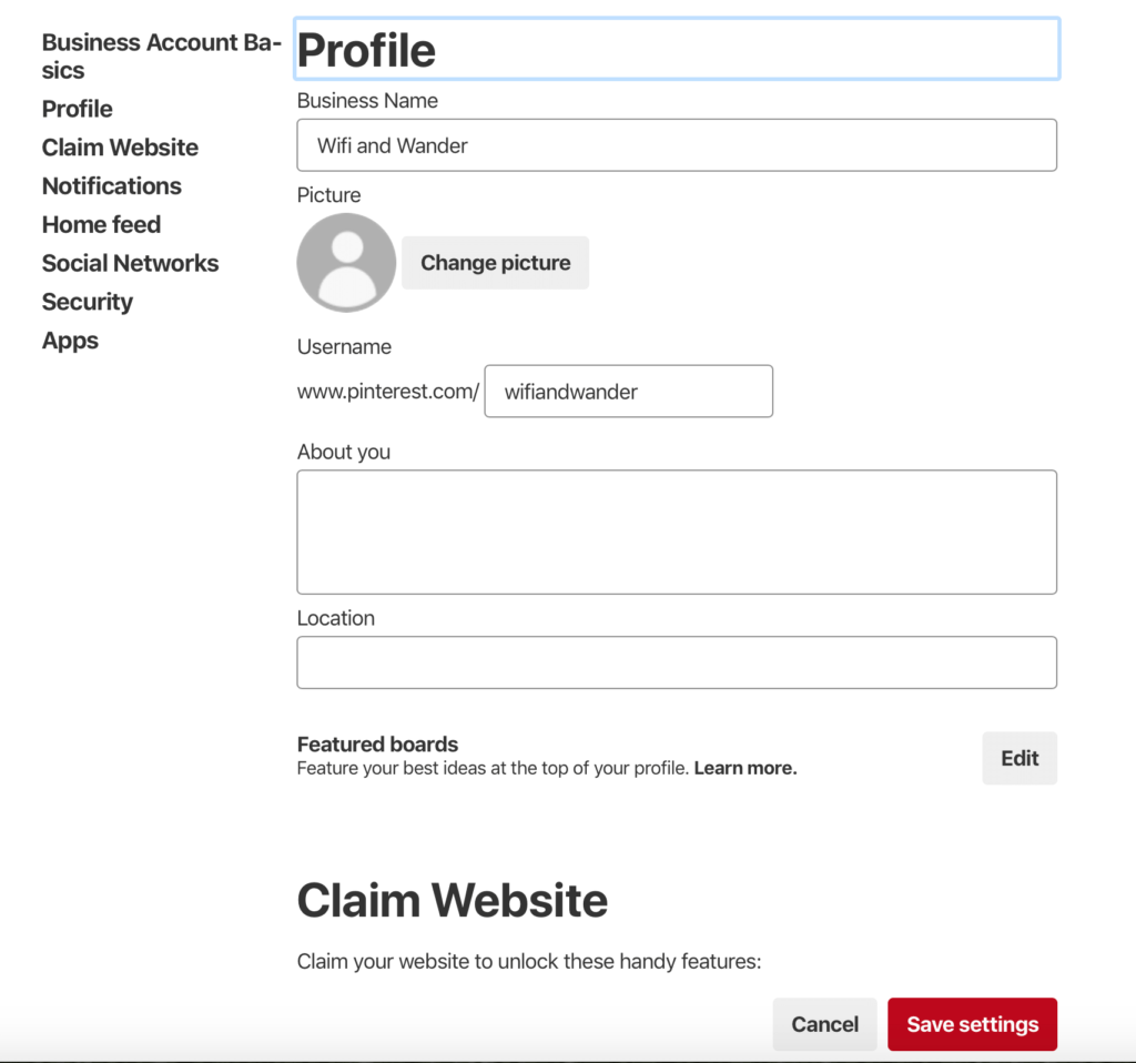 pinterest profile setup